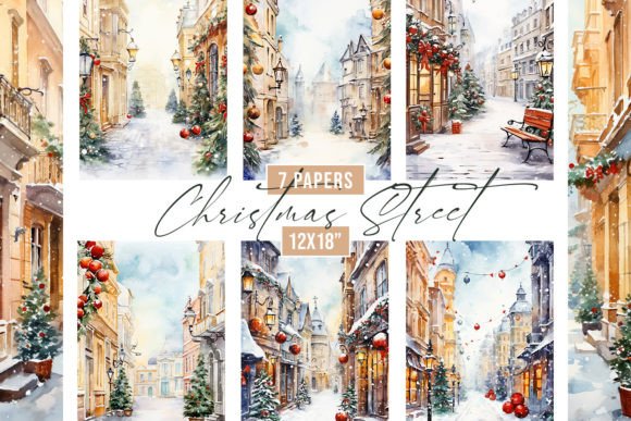 Charming Watercolor Christmas Street Backgrounds for Your Holiday Projects