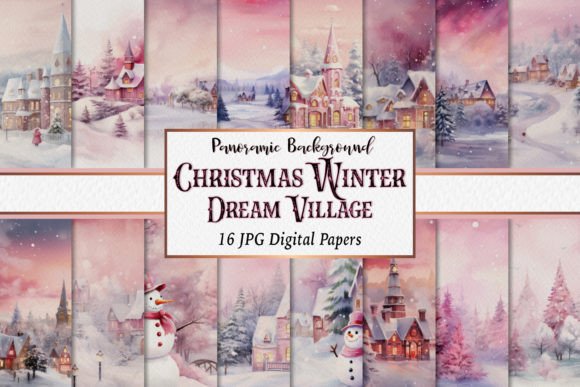 Dreamy Pink Village Christmas Winter Panoramic Backgrounds