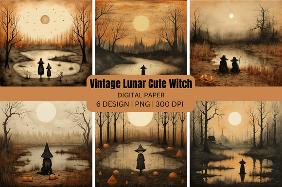 Enchant Your Designs with Vintage Lunar Cute Witch Backgrounds
